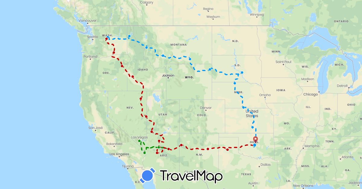 TravelMap itinerary: driving, driving back, driving out, meetup run in United States (North America)